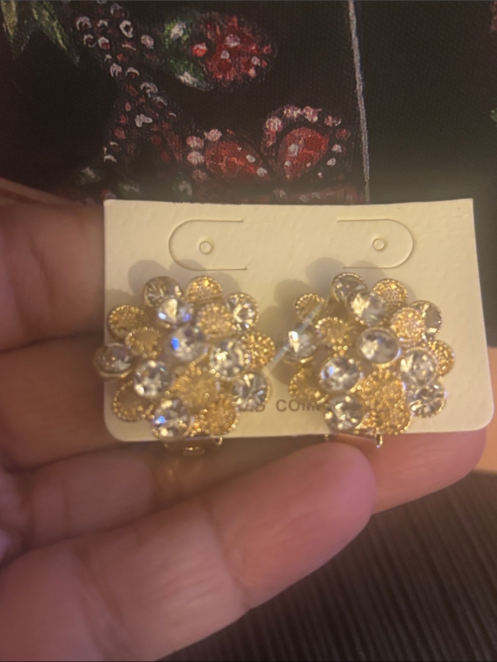 Gold Floral Crystal Clip-On Earrings by